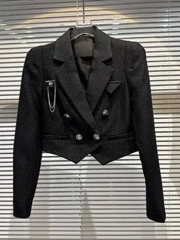 Новейшая осенне-зимняя дизайнерская куртка HIGH STREET 2023, женская двубортная короткая куртка, украшенная брошью