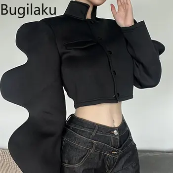 Модные черные куртки Bugilaku, женская Однотонная верхняя одежда Slim Fit с длинным рукавом, женские однобортные короткие пальто